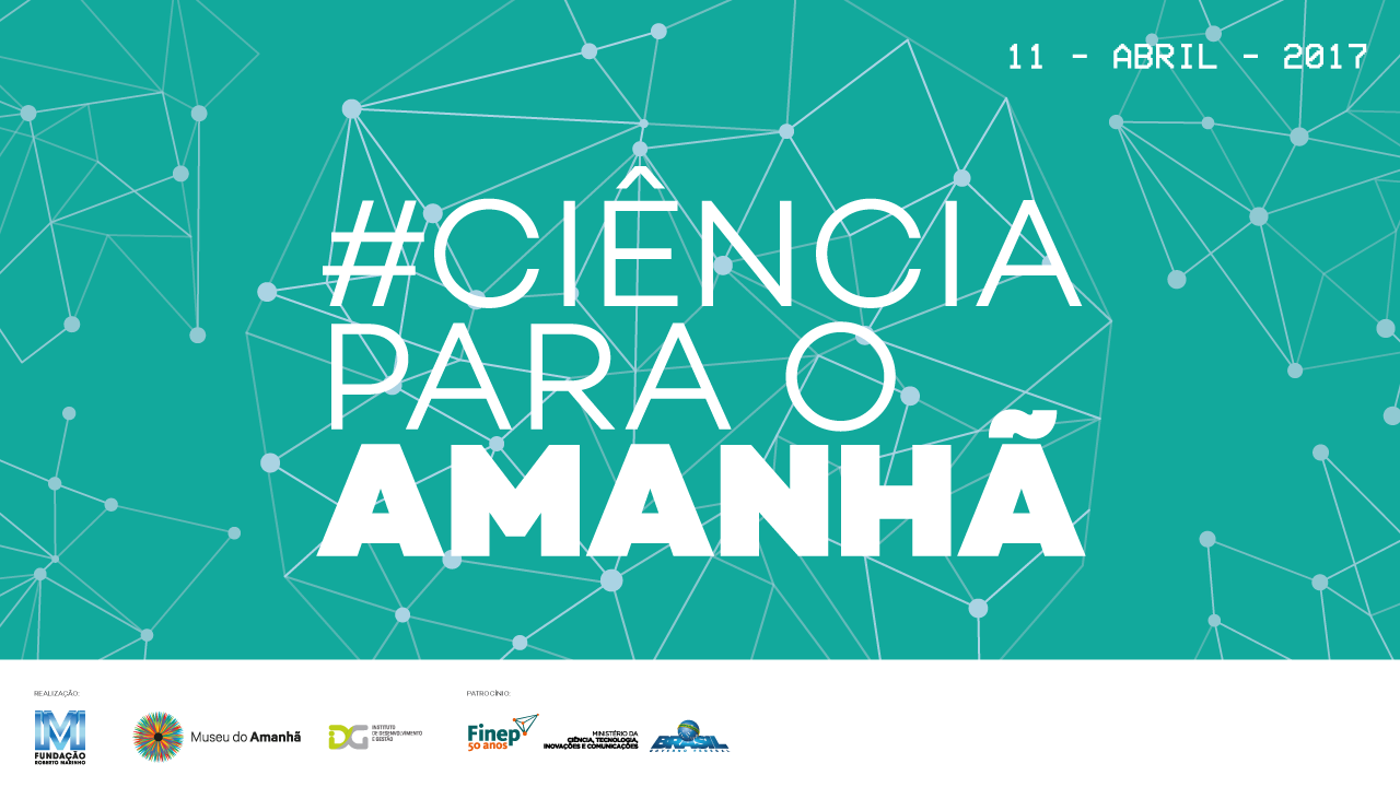 Arte na cor azul clara com pontos de um lado ao outro com o nome "Ciência para o Amanhã" no meio