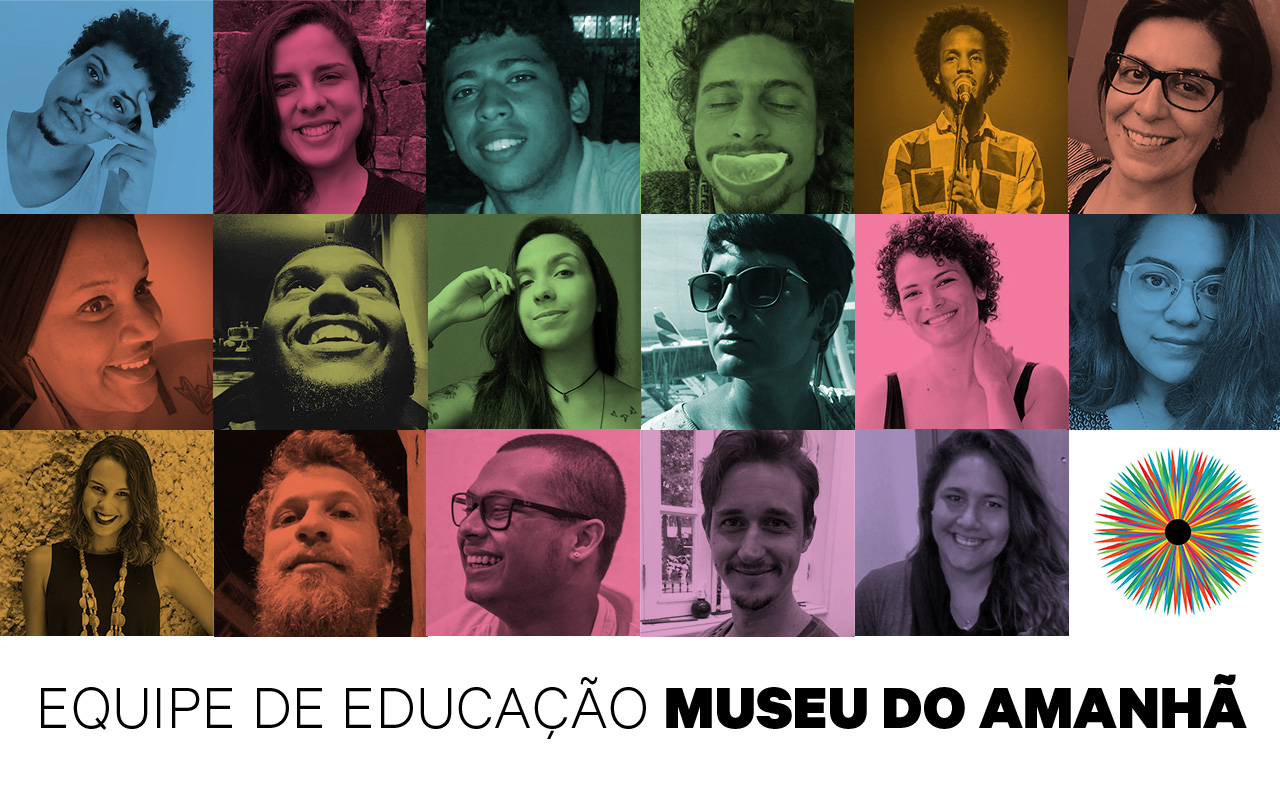 Painel colorido com fotos da equipe de educação do Museu do Amanhã. Ao todo são 17 colaboradores.