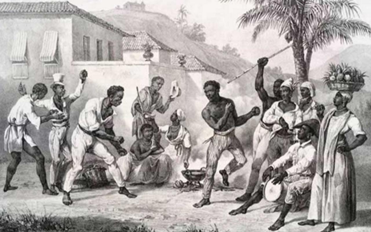 Escravos jogam capoeira, em ilustração do século XIX feita por Laurent Deroy / Foto: Fundação Biblioteca Nacional