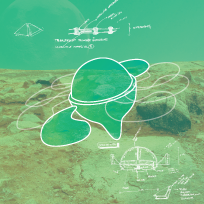 Foto de fundo de Marte com filtro verde por cima da imagem e desenhos técnicos em branco por cima da imagem.