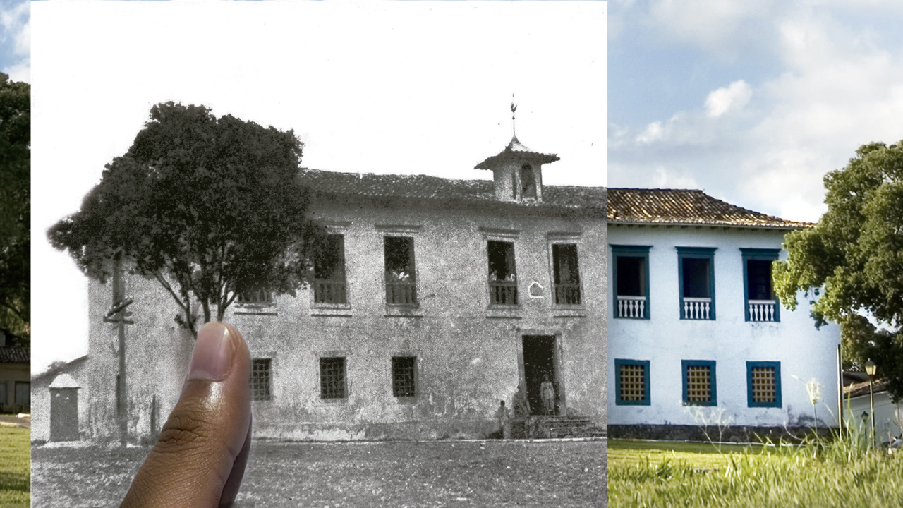 Foto de casa colonial em preto em branco por cima da foto colorida da mesma casa
