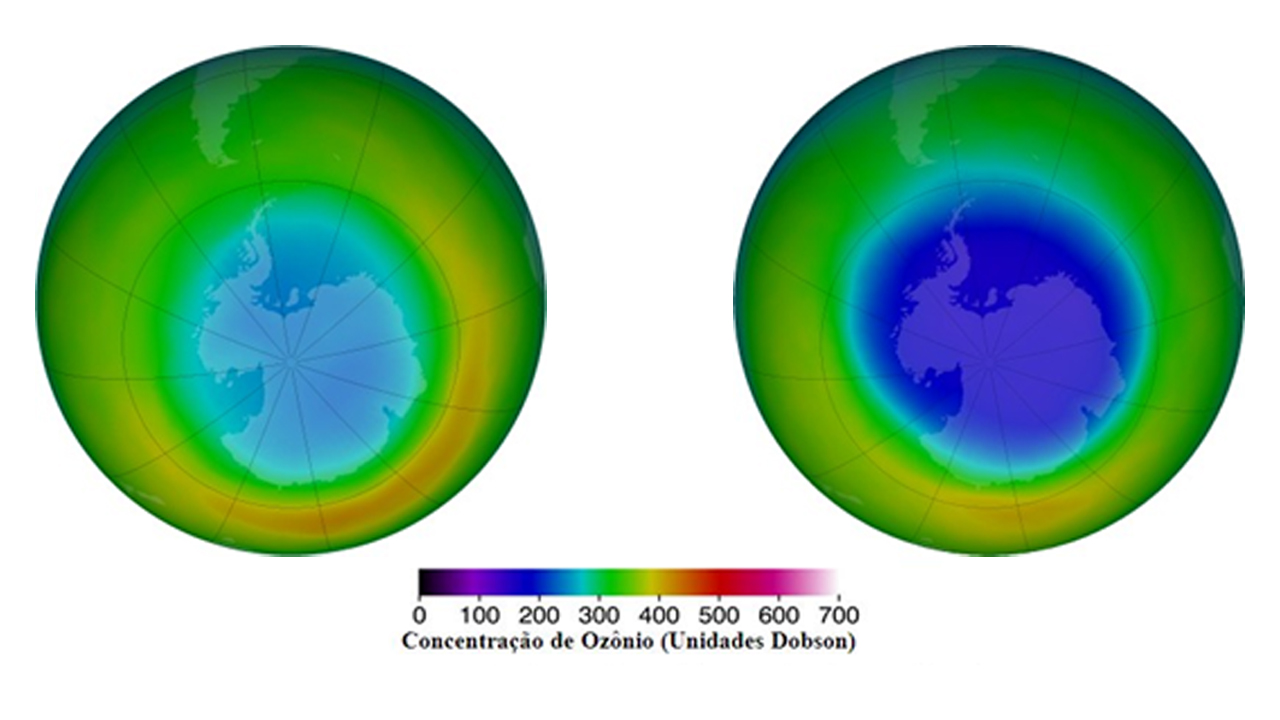 Representação da concentração de ozônio com dois globos terrestres. Globo da esquerda com dados de setembro de 1980 e globo da direita com dados de setembro de 2016