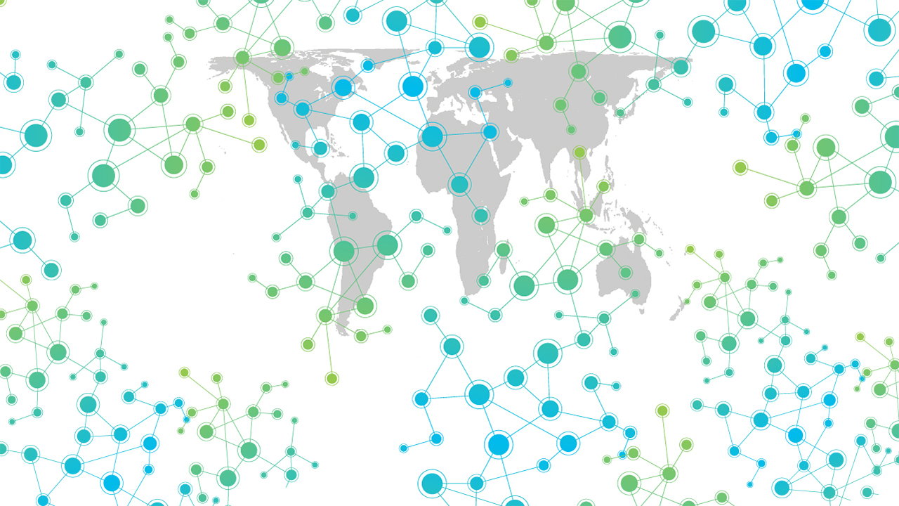 Mapa mundi com vários pontos verdes e azuis conectados por linhas