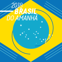 Identidade visual do evento Plataforma 2018: Brasil do Amanhã - Água e Saneamento em azul e amarelo com a bandeira do Brasil