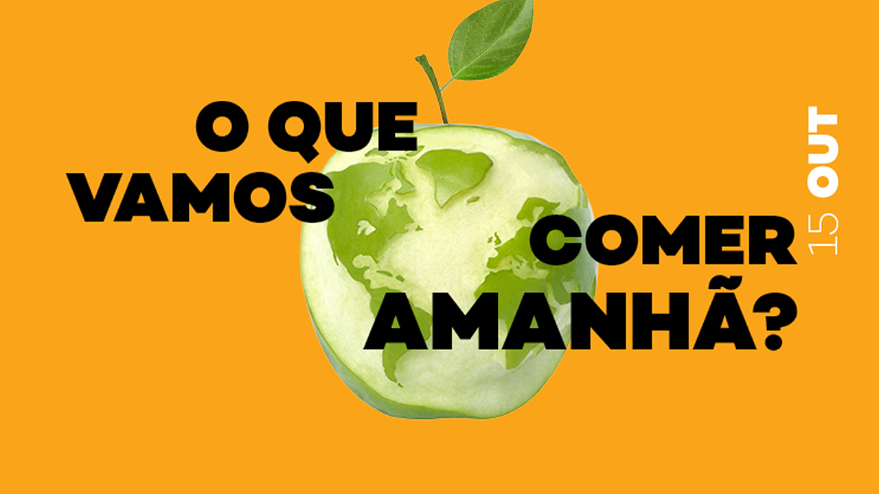 Imagem com fundo laranja com uma maçã formando um globo e o texto "O que vamos comer amanhã? "
