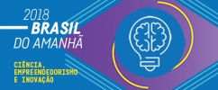Identidade visual do evento Plataforma 2018: Brasil do Amanhã - Ciência, Empreendedorismo e Inovação com fundo azul e losango roxo